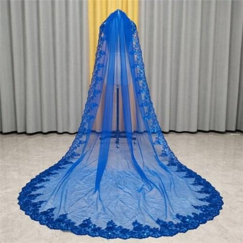 Royal Blue 1 T Bridal Veils with Comb Full Lace edge Tulle Vintage Wedding Veils Accessories Cathedral Long for Brides 3 Metres
