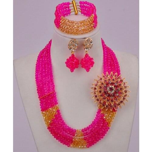 Graceful fuchsia pink and champagne gold ab african beads jewelry set crystal necklace nigerian wedding set