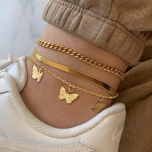 Summer Beach Golden Cute Butterfly Metal Chain Anklet For Women Simple Multi-layer Snake Ankle Chain Set Boho Foot Jewelry Bulk