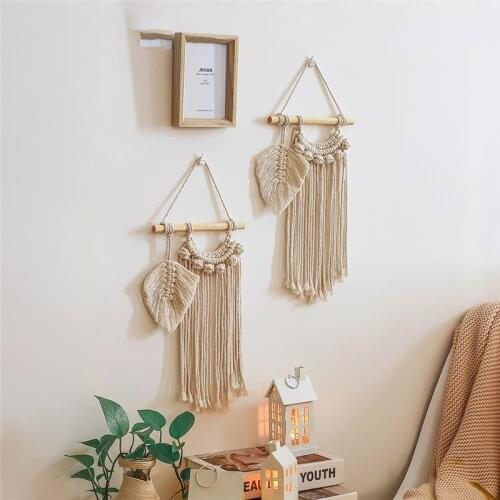 Macrame Wall Hanging Small Tapestry Hand-Woven Cute Leaves Bells Hanging Wooden Stick Tassel Tapestry For Kids Room Bohe Decor