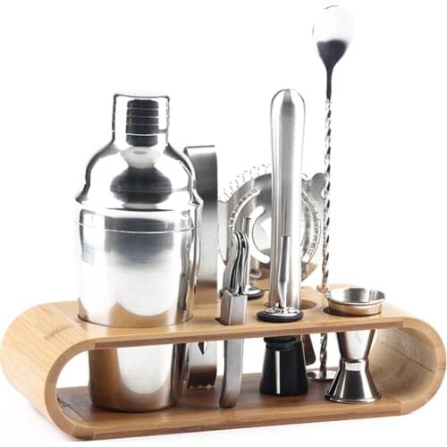 10PCS Bartender Kit, 201 Stainless Steel Martini Cocktail Shaker Set with Bamboo Stand for Pub, Bar, Hotel, Family Use