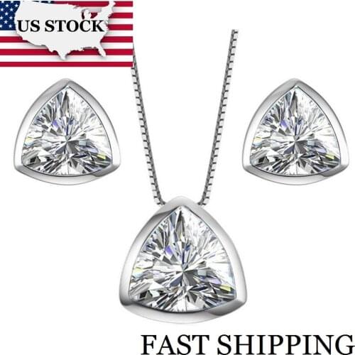 USA STOCK Uloveido Crystal Bridal Jewelry Sets Silver 925 Jewelry Set Wedding Triangle Necklace and Earrings with Box 40% LT002