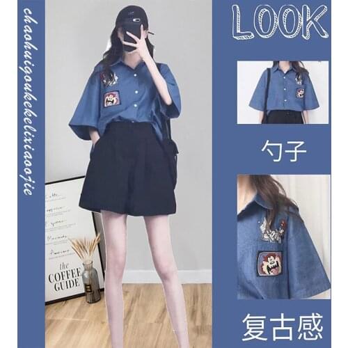 2021 Summer New Cool Girl Chic Fashion Shirt + Black Shorts Two-piece Female