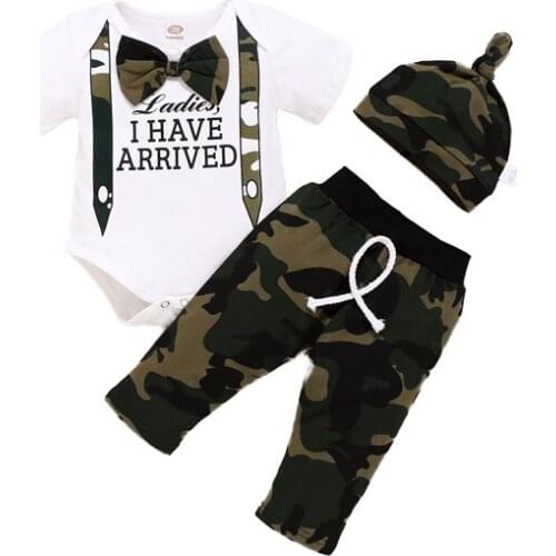 New Fashion Kids Clothing Set Baby Boy 3pcs Set Newborn Baby Boy Romper Tops +long Pants Camo Hat Outfits Clothes 0-18 Months