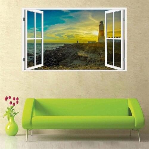New Product 3D Windows Decal Wall Sticker Home Decor Lighthouse Sunset Beach Window View Wall Decal Home Decor 3D Wallpaper