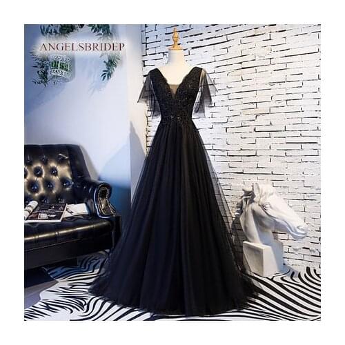 Charming Black V-Neck Evening Dress 2021 Vestidos De Festa Formal Appliques Beads Floor-length Tull Party Gala Gowns Hot Sale