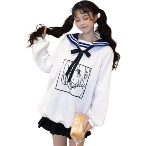 Autumn Winter Womens Mid-length Preppy Style Plus Velvet Warm Sweatshirts Girl Sailor Collar Long Sleeve Pullover 2010163