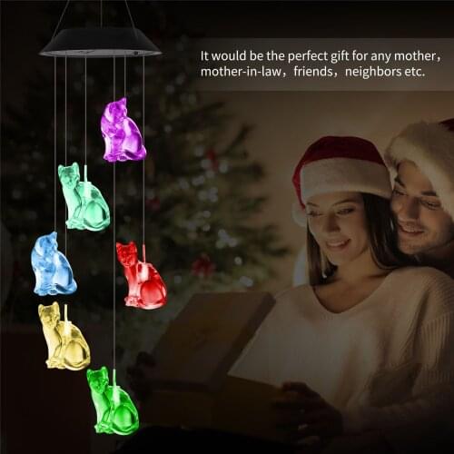 Hanging Cat Solar Wind Chime Color Changing Indoor Courtyard Lawn Festival Ornament Craft Art Gifts for Friends Family