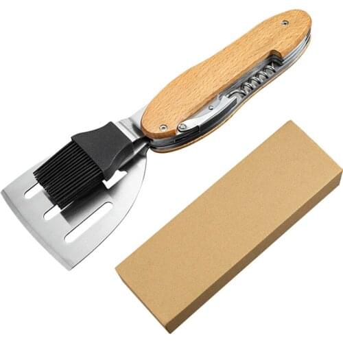 Portable BBQ Tool Detachable Barbecue 5-in-1 Multi-Tool with Wood Handles & Stainless Steel Utensils