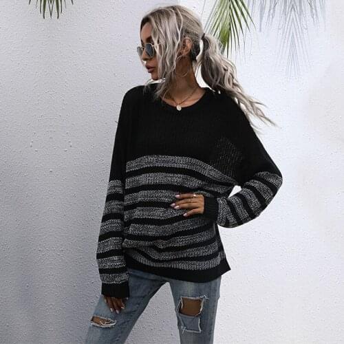 Casual Long Knitted Pullovers Sweater Tops for Women 2021 New Fashion Basic Jumper Striped Sweater Autumn Winter New Fashion