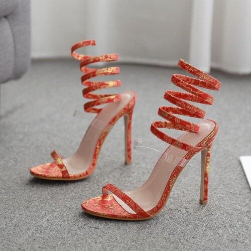 Snake winding gladiator sandals red sexy thin high heels summer women shoes PVC european party ladies fashion sandalias shallow