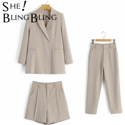 SheBlingBling Bule Womens Chic Pants Long Sleeve Double Breasted Jacket Coat Office Lady Suits Female Trousers Sets Vintage