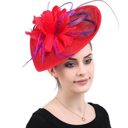 Bridal Lace Heart Hat Red Feather Flower Wedding Hair Accessories Banquet Horse Racing Festival Ladies Headpiece Elegent Vintage