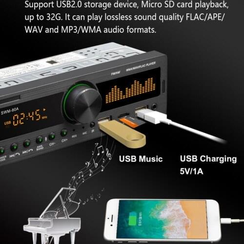 SWM-80A Car Radio 12V Bluetooth Hands-free Car Stereo In-dash 1Din FM Receiver Voice Control Support Mp3 Dual USB RCA AUX