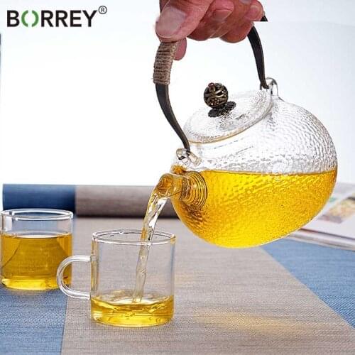 BORREY Heat Resistant Glass Tea Pot Flower Teapot With Lid Handle Tea Pot With Infuser Filter Kung Fu Tea Set Clear Glass Kettle