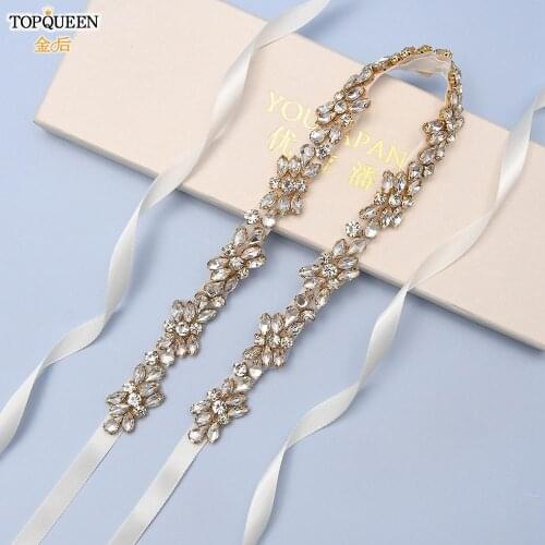 TOPQUEEN S437-G Wedding Bridal Belt Belt with Diamonds for Women Gold Color Handmade Beaded Belt Bridal Rhinestone Applique