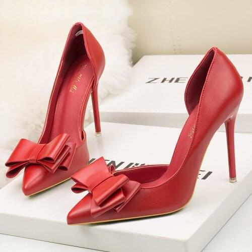 10cm bow-heeled stiletto heel high-heeled shallow mouth pointed toe side hollow shoes