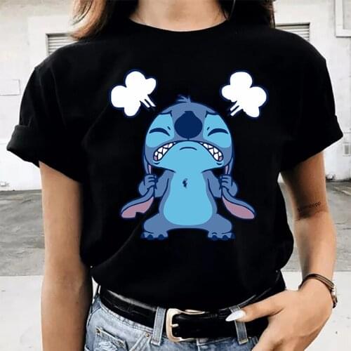 Disney Summer Women T Shirt Loose Casual Short Sleeve O Neck Tops Student Clothing Ladies T-shirt Lilo Stitch Printed Female Tee