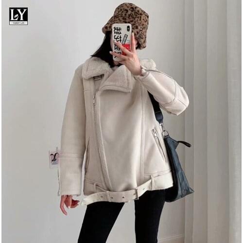 LY VAREY LIN Winter Streetwear Moto Biker Faux Leather Fur Jacket Women Suede Leather Coat Female Warm Snow Outwear with Belt