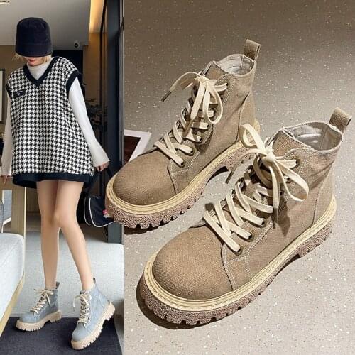 Suede Boots Women Fall 2021 New British Wind Trend Thick Bottom High cut Canvas Breathable Thin Short Boots sport shoes