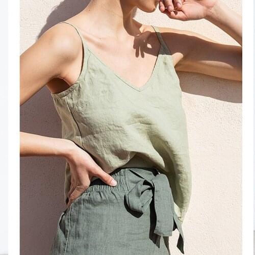 2021 Women Summer New Spaghetti Strap Solid Color Vest T-Shirts Linen Vintage Loose All Match Simple Indie 5 Colors Female Tops