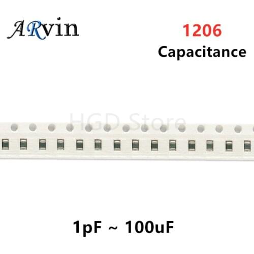 100pcs 1206 SMD 1PF-100UF X7R Error 5% 10pF 100pF 470pF 100nF 220nF 1UF 10uf 47UF 2.2UF 22UF 100uF Multilayer Ceramic Capacitor