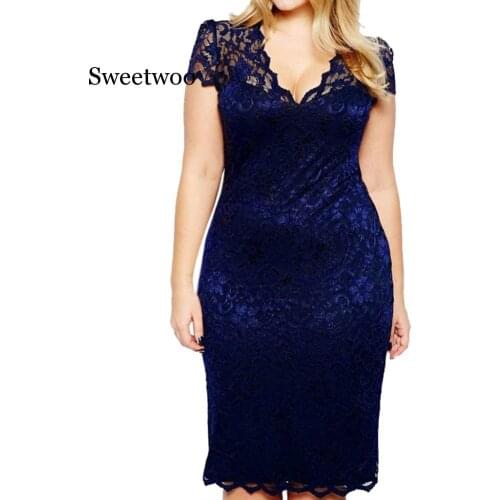 2020 Dress Woman Party Night Dress Fashion Women Sexy Plue size Solid Short Sleeve V-Neck Lace Hollow out Dress vestido