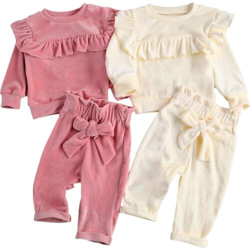 2021 New Toddler Baby Girls Smooth Velvet Outfit Sets Round Neck Ruffle Trim Top Elastic Waist Bowknot Pant Clothes