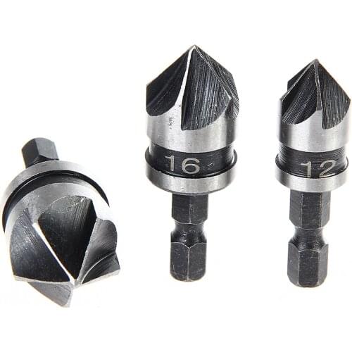 3pcs 5 Flute Chamfer Countersink Drill Bit 90 Degree 1/4" Hex Shank Wood Chamfering Cutter Countersink for Power Tool 12 16 19mm