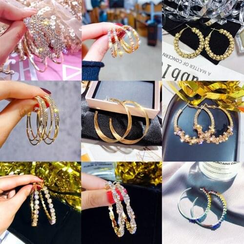 925 silver needle diamond Large Earring net red super flash geometric retro hoop Earrings