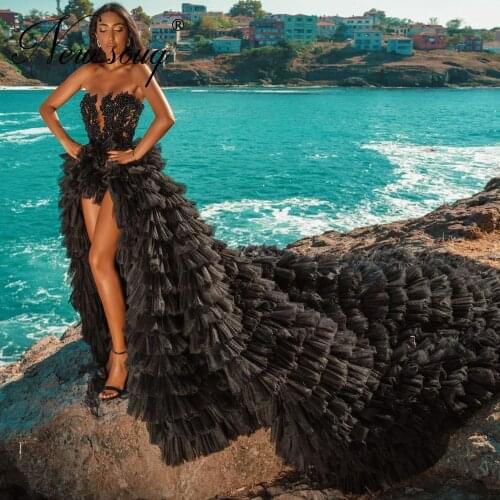 Aibye Elegant Tiered Tulle Beaded Prom Dresses Long Saudi Arabic Evening Dress Beach Long Train Party Night Sexy Dress 2021 Robe