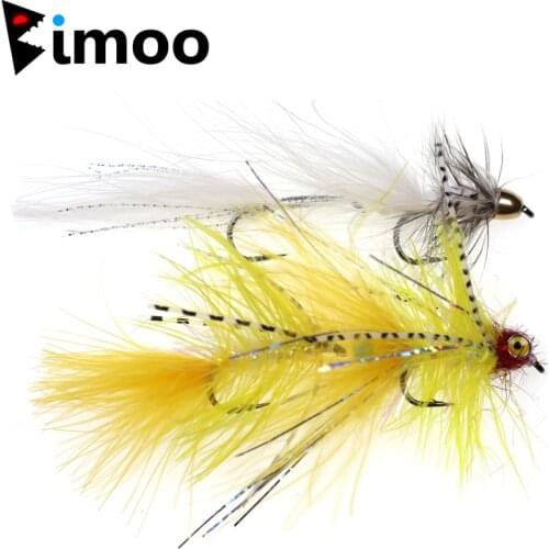 Bimoo 2PCS #4 Twin Hook Yellow & White Marabou Streamer Fly Bait Fish for Pike Trout Fly Fishing