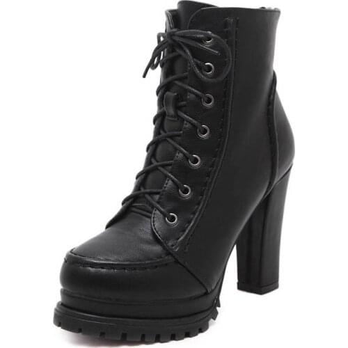 2020Hot Autumn Winter Women High Heel Boots Short Boot Leather Boots Women With Heel Leather Lace-Up Solid Color Round Toe Shoes