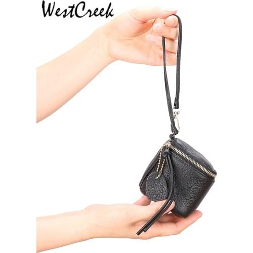 WESTCREEK Brand Wrist Genuine Leather Square Metal Zipper Fashion Small Coin Purse Change Wallet Lipstick Bag