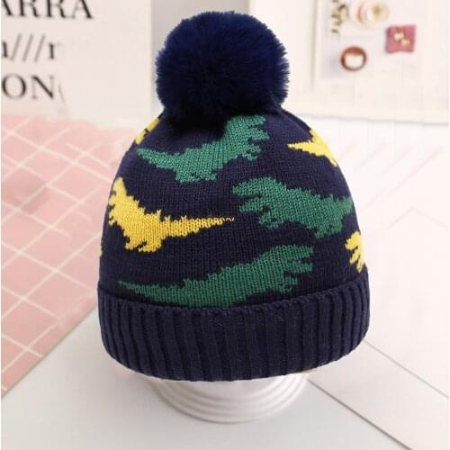 Kids Hat Baby Beanie Hat Cartoon Dinosaur Pattern Plush Ball Autumn Winter Curling Edge Knitted Toddler Hat for Birthday Party