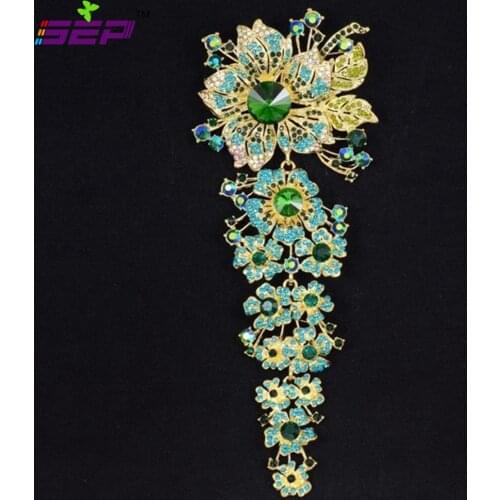 6 Colors Big Flower Brooch Rhinestone Crystal Long Broach Pins for Women Jewelry Accessories Wedding Bouquet 4704