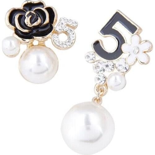 Enamel Camellia Earrings Luxury Pearl Flower Crystal Number Letter 5 Stud Earrings Fashion Brand Jewelry Z1002