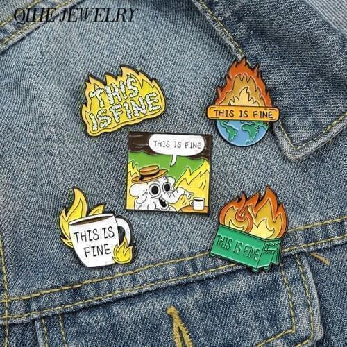 Comics Enamel Pins This Is Fine Dog Fire Meme Badges Brooches for Men Women Unisex Jewelry Wholesale Drop Shipping
