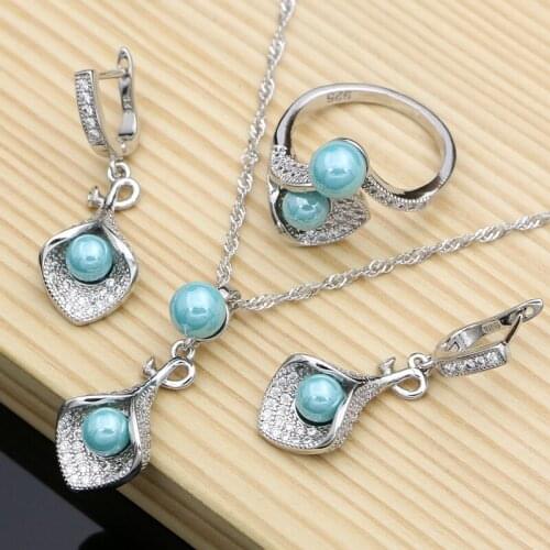Morning Glory Blue Pearl 925 Sterling Silver Bridal Jewelry Sets For Women Wedding Pendant Drop Earrings Rings Necklace Set