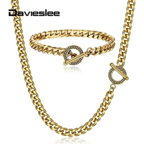 Men Women Jewelry Set Stainless Steel Necklace Bracelet Set Gold Silver Color TO Clasp Cuban Curb Cable Link Chain 5/6mm DTSS07
