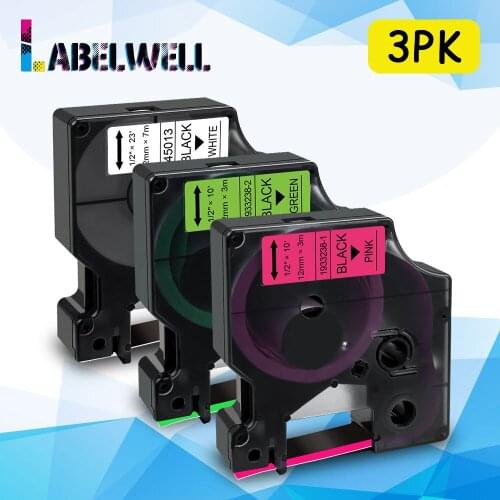 Labelwell 3PK Multicolors 45013 Compatible for Dymo 12mm D1 label tape 1933238-1 1933238-2 for Dymo LabelManager 160 280 printer