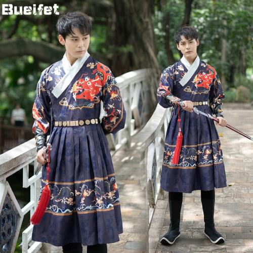 Ming Dynasty Mens Swordsman Clothing Traditional Chinese Adult Hanfu Robe Folk Dance Costumes Stage Performance Outfit Cosplay