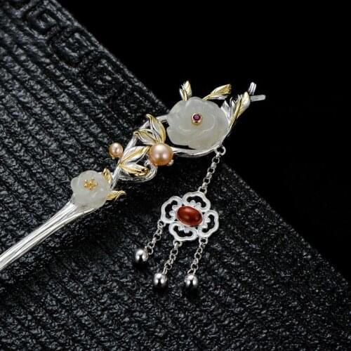 Jade Pearl Crystal Agate 925 Sterling Silver Hair Stick Flower Hairpin Tassel Luxury Jewelry Chinese Antique Gift