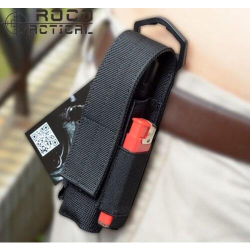ROCOTACTICAL Quality Nylon Molle Military Flashlight Pouch Torch Holder Adjustable Torch Case with Two Side Battery Pocket Black