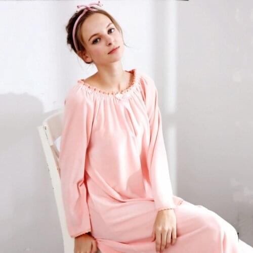 Winter Fleece Nightdress Women Velvet Long Sleeve O-Neck Solid Warm Nightgown Home Dressing Gown Sleepdress Nightwear Sleppwear