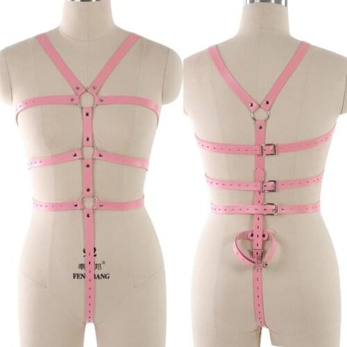 Pink Leather Harness Set BDSM Adult Games Women Sexy Underwear Goth Erotic Body Bondage Garter Belt Stockings Clothing Fetish