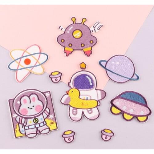 Cute Cartoon Bunny Astronaut Spaceship Embroidery Clothing Patch Sticker Iron Stick on DIY Handmade Sewing Decoration for Girl