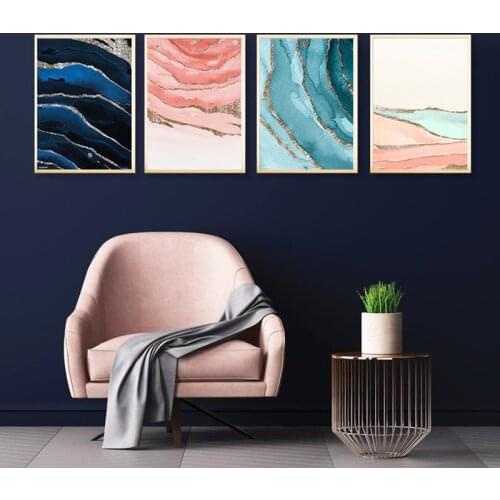 Nordic Abstract Sea River Gilt Canvas Painting Blue Pink Gold Posters and Prints Wall Art Picture for Living Room Home Decor