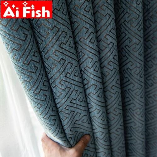 Modern Dark Blue Geometry Chenille Jacquard Thicker Blackout Curtain Fabric For Bedroom Thermal Sunshade Window Curtains M131#5
