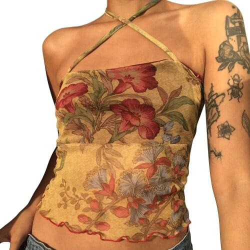Womens tube top,Ladies Summer Soft Sexy Midriff-baring Floral Printing Stringy Selvedge Hem Hanging Neck Sleeveless Mesh Tops